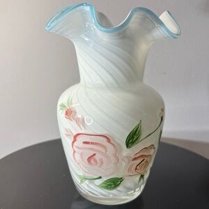 Fenton Cased Glass Vase White Optic Swirl Pink Roses Blue Ruffled Rim 6”